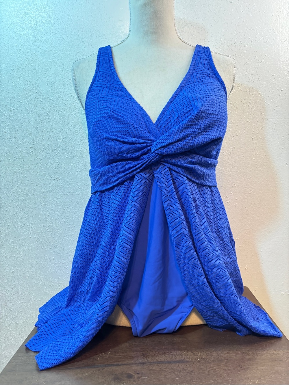 Blue Twist-Front Textured Swimdress